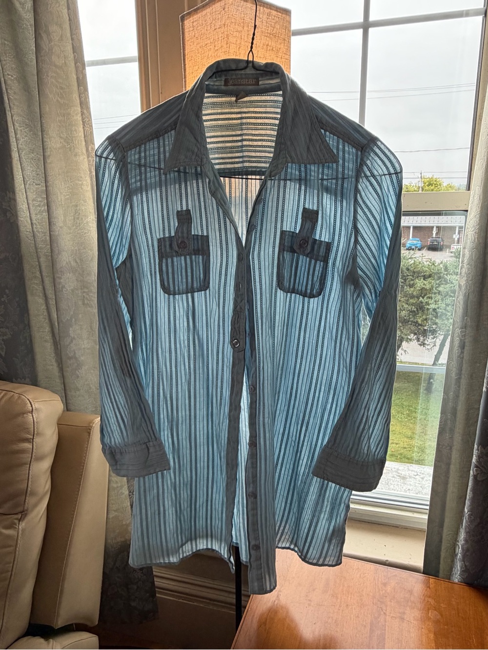 100%Cotton jeans tar Light Blue Tie-Waist Tunic Shirt